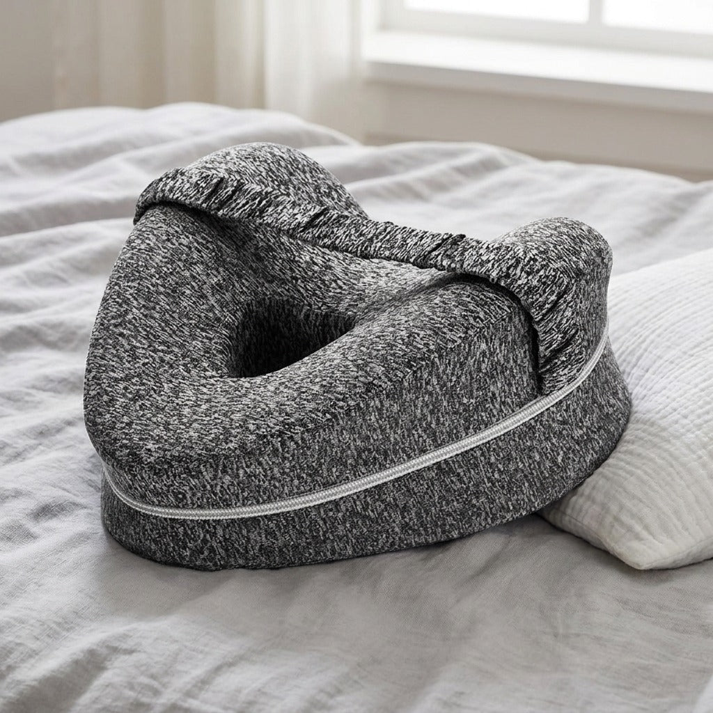 Coussin entre-genoux gris posé sur un lit à côté d’un oreiller — mise en situation illustrative