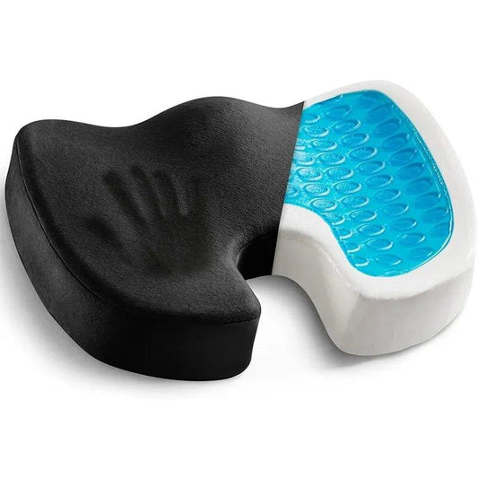 Coussin d'assise noir avec découpe arrière et insert bleu présenté comme gel