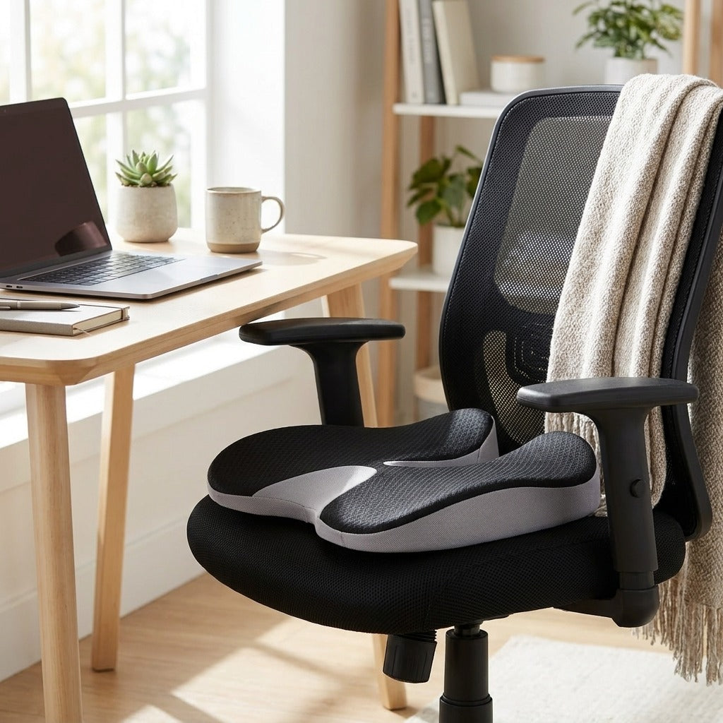 Coussin incliné noir et gris clair posé sur une chaise de bureau en maille — mise en situation illustrative