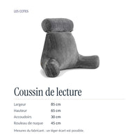 Coussin de lecture : 85 cm de large, 65 cm de haut, accoudoirs de 30 cm, rouleau de 45 cm, mesures du fabricant