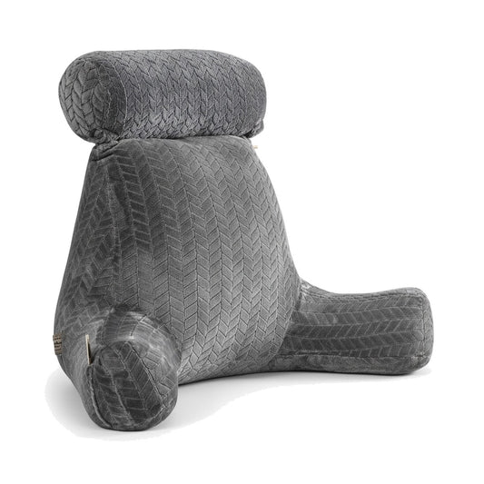 Coussin de lecture à accoudoirs gris seul sur fond blanc