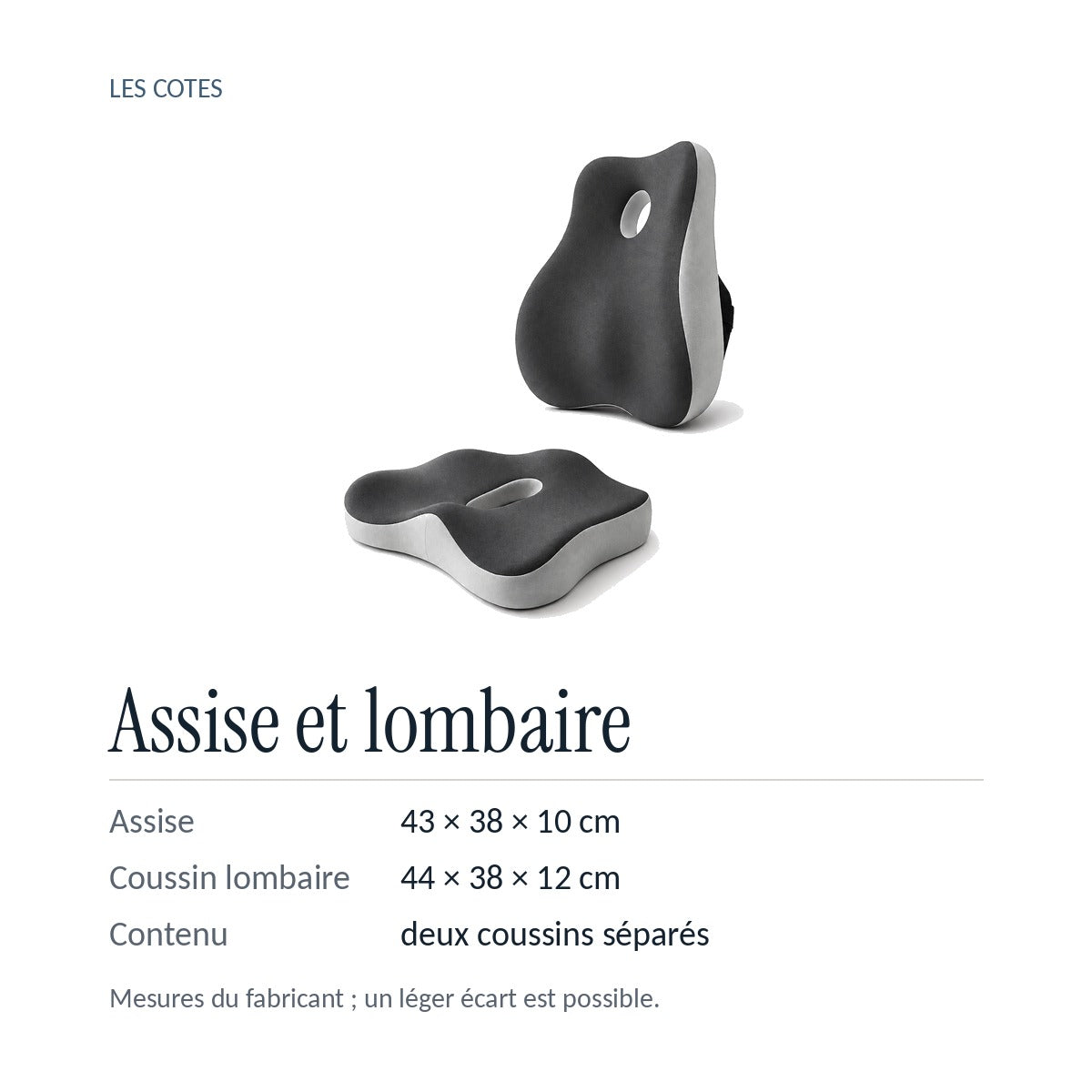 Kit ErgoCore : assise 43 × 38 × 10 cm et coussin lombaire 44 × 38 × 12 cm, mesures du fabricant