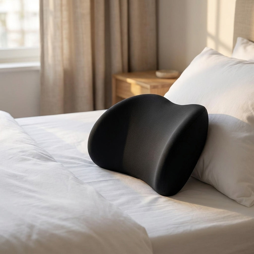 Coussin lombaire de nuit noir posé sur un lit au linge blanc — mise en situation illustrative