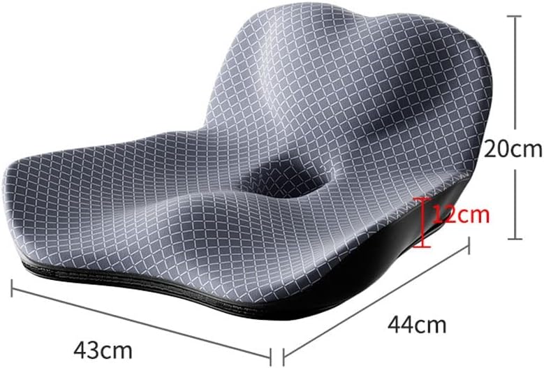 Schéma coté du coussin d'assise gris, 43 × 44 cm et jusqu'à 20 cm de hauteur