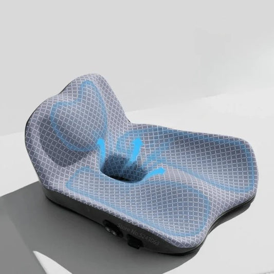 Coussin d'assise gris profilé avec ouverture centrale et flèches graphiques bleues
