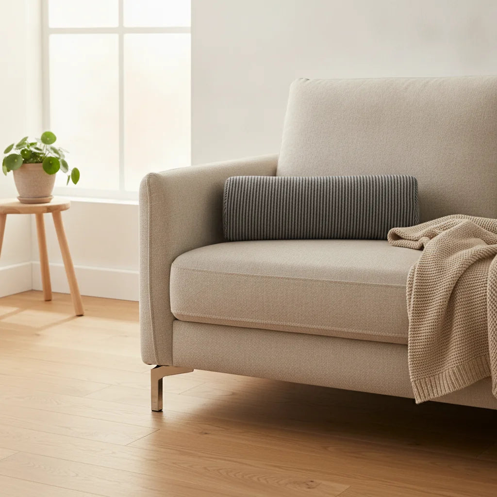 Coussin cylindrique gris posé sur un canapé
