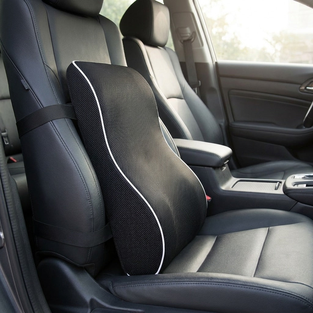 Coussin lombaire noir fixé par sangles sur un siège de voiture