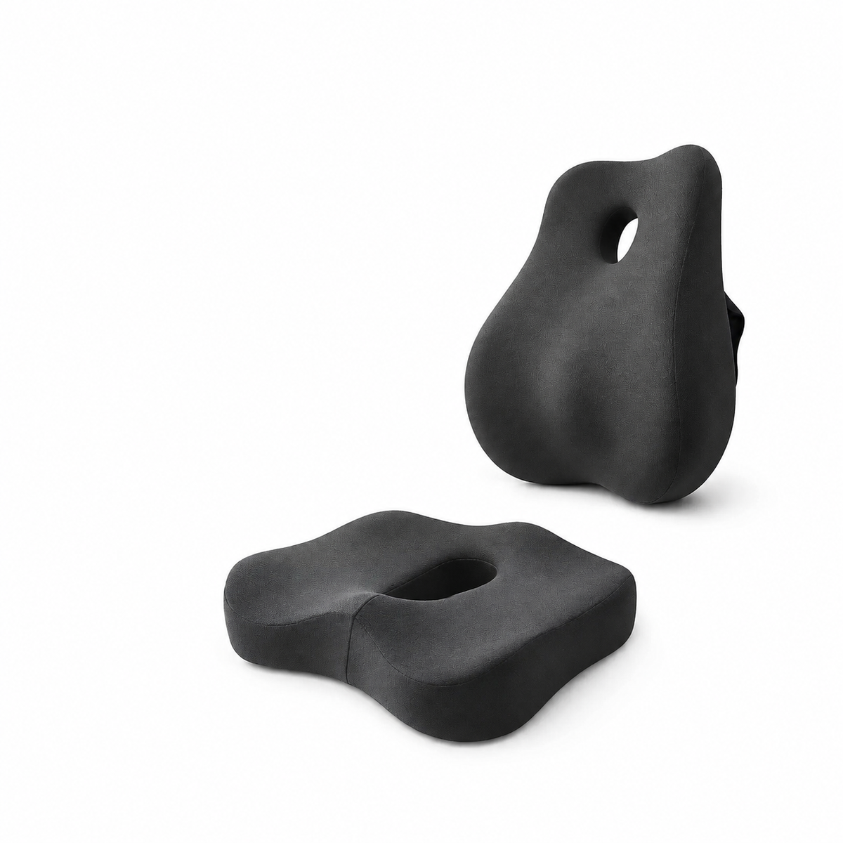 Kit noir : coussin d’assise et coussin lombaire séparés, vue de face en perspective