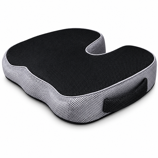 Coussin d’assise VibraSorb noir et gris, découpe en U et poignée — visuel retouché