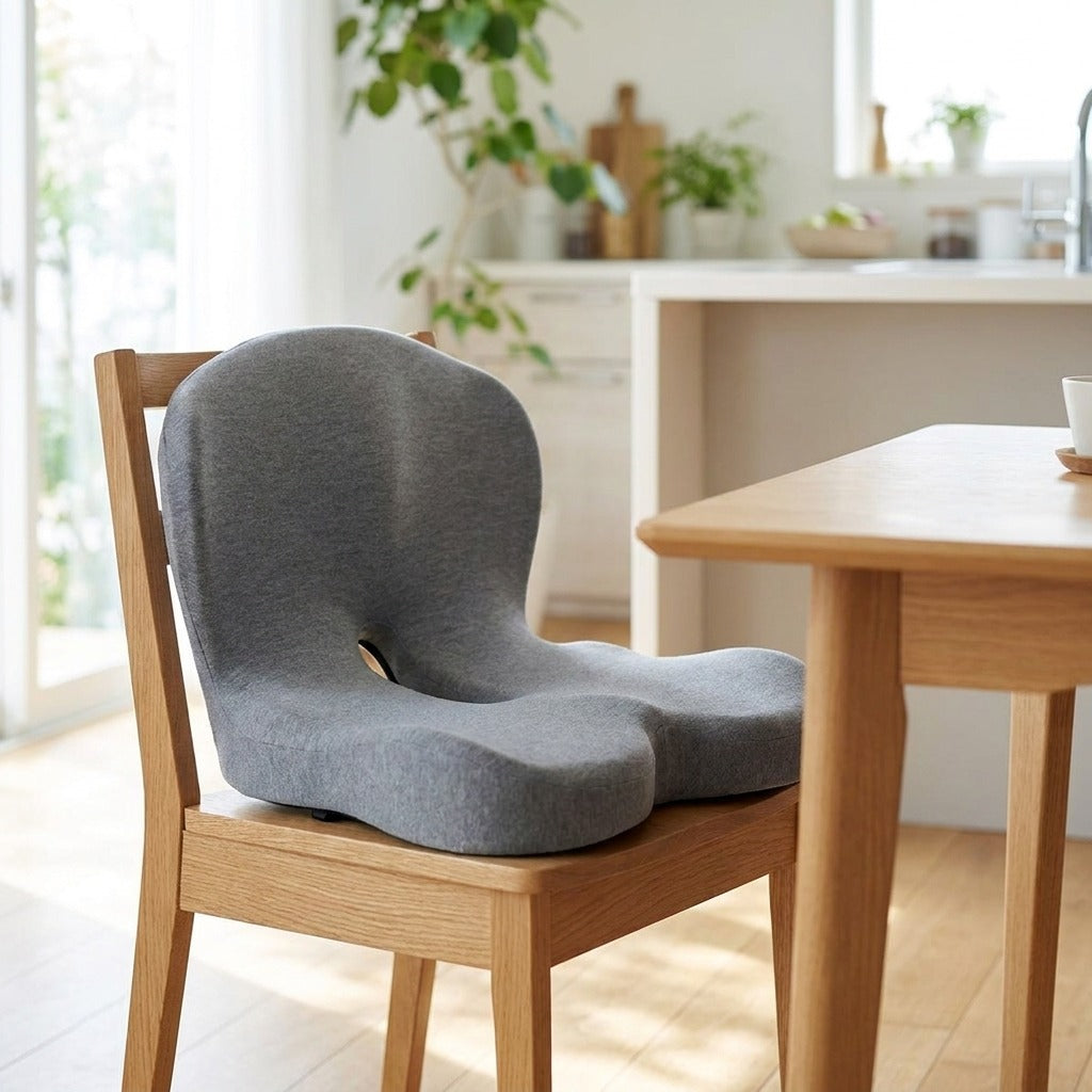 Coussin ErgoWrap gris installé sur une chaise de salle à manger en bois ; chaise non incluse — mise en situation illustrative