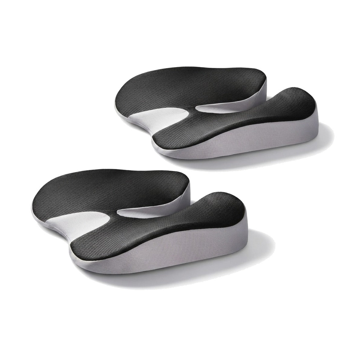 Duo SciatiGuard gris : deux coussins identiques, dessus noir et flancs gris clair, sur fond blanc