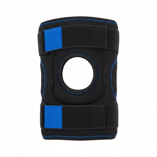 Genouillère rotulienne ajustable noire et bleue vue complète Ergosia