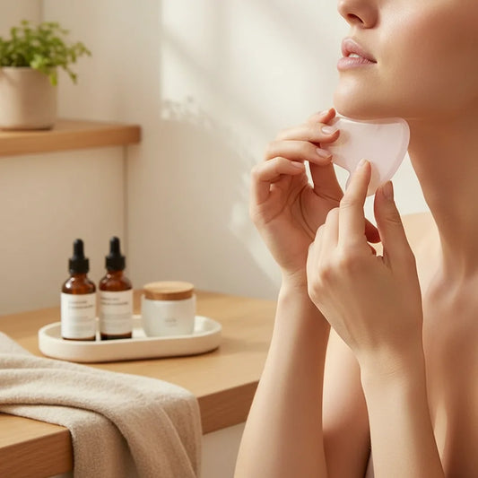Gua sha quartz rose en utilisation massage visage | Ergosia