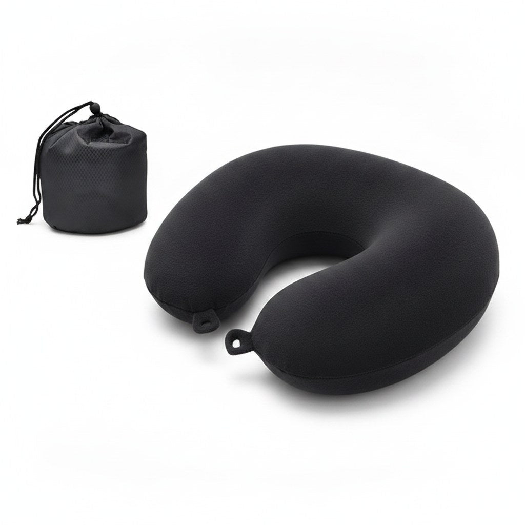Coussin de voyage noir en forme de U avec pochette de transport