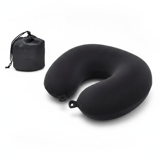 Coussin de voyage noir en forme de U avec pochette de transport