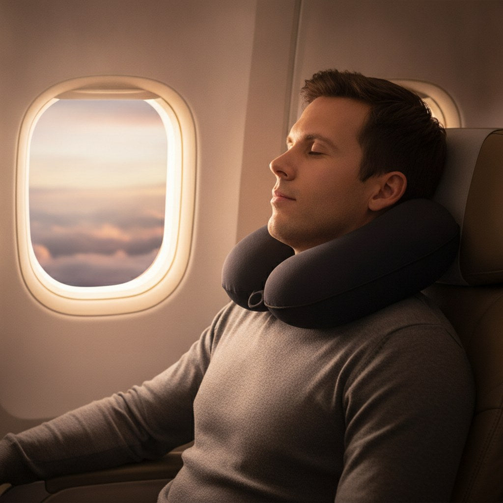 Coussin de voyage noir en U porté autour du cou dans un avion