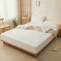 Protège-matelas blanc matelassé installé sur un lit dans une chambre