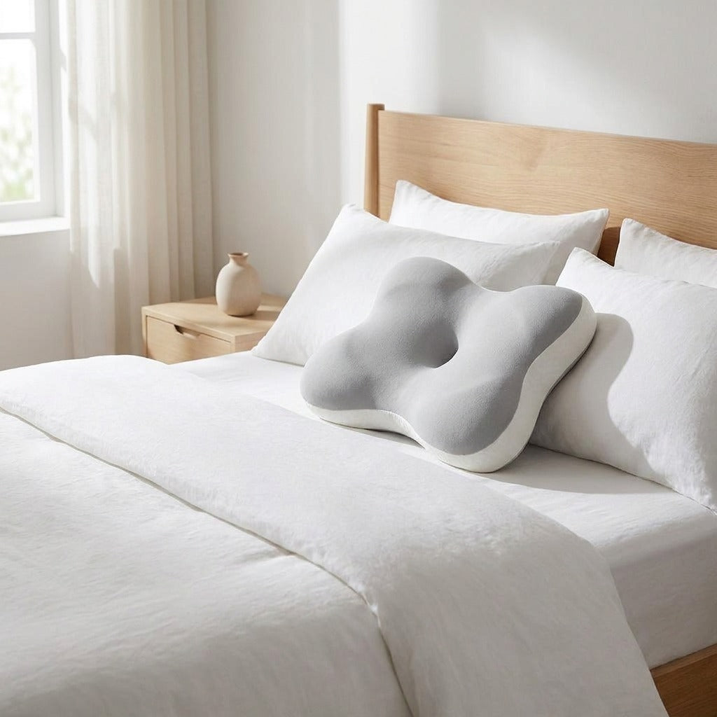 Oreiller CerviDream posé à la tête d’un lit au linge blanc — mise en situation illustrative