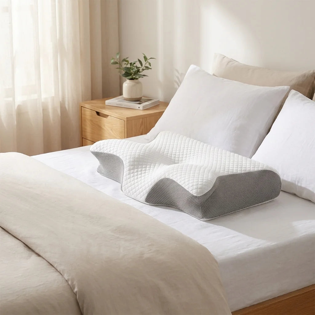 Oreiller à profil en vague installé sur un lit dans une chambre