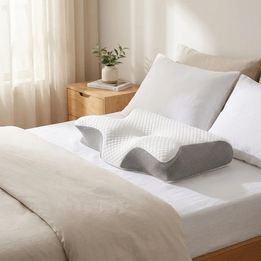 Oreiller à profil en vague installé sur un lit dans une chambre