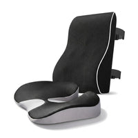 Pack conduite : coussin d’assise SciatiGuard gris (dessus noir, flancs gris clair) et coussin lombaire noir, sur fond blanc