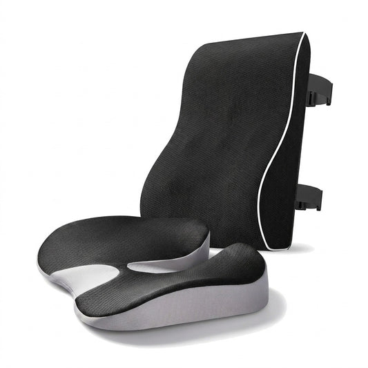 Pack conduite : coussin d’assise SciatiGuard gris (dessus noir, flancs gris clair) et coussin lombaire noir, sur fond blanc