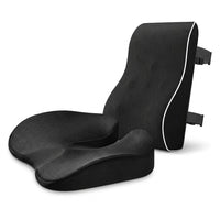 Pack conduite : coussin d’assise SciatiGuard noir et coussin lombaire de dossier noir, sur fond blanc