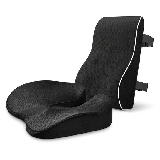 Pack conduite : coussin d’assise SciatiGuard noir et coussin lombaire de dossier noir, sur fond blanc