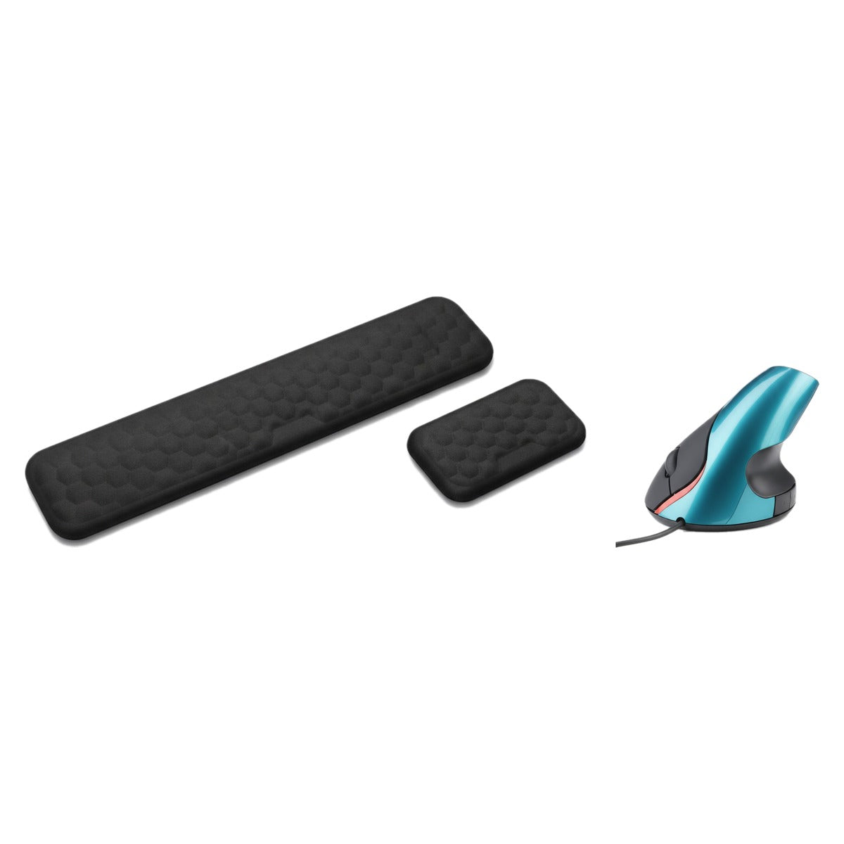 Pack poste de travail : repose-poignets clavier et souris noir et souris verticale bleu, sur fond blanc