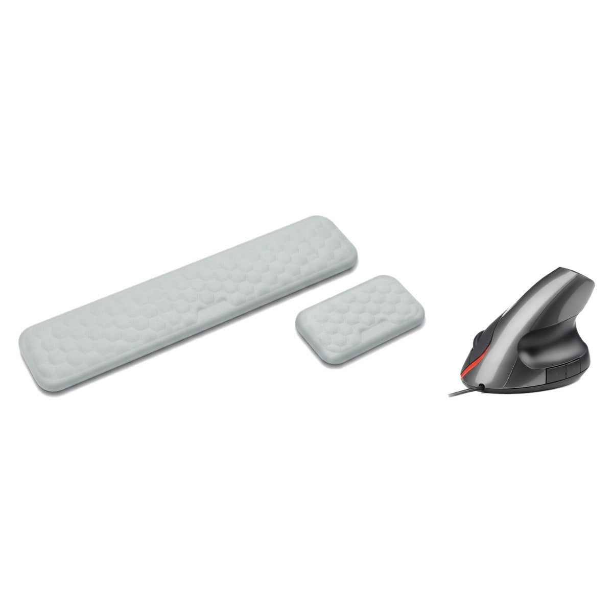Pack poste de travail : repose-poignets clavier et souris gris et souris verticale gris, sur fond blanc