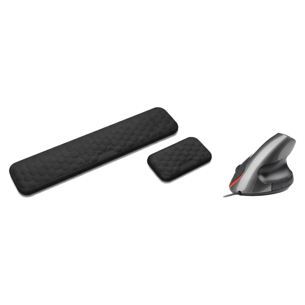 Pack poste de travail : repose-poignets clavier et souris noir et souris verticale gris, sur fond blanc