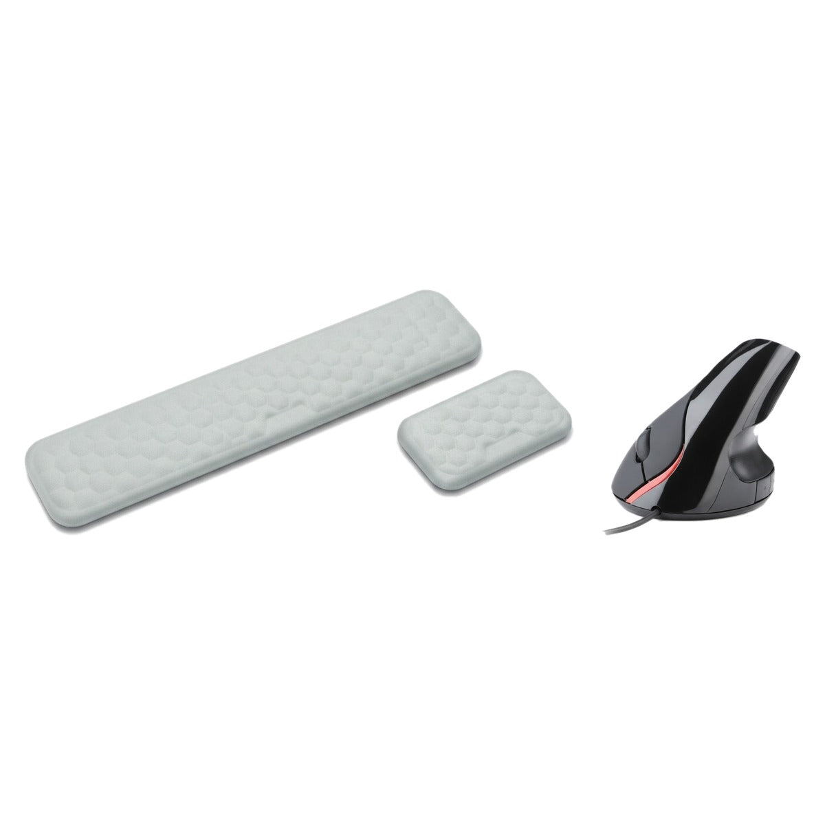 Pack poste de travail : repose-poignets clavier et souris gris et souris verticale noir, sur fond blanc