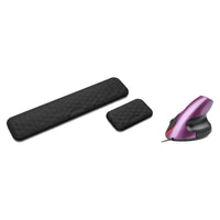 Pack poste de travail : repose-poignets clavier et souris noir et souris verticale violet, sur fond blanc