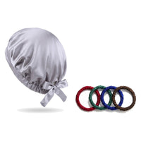 Pack soie de mûrier : bonnet de nuit argent et 4 chouchous assortiment bijoux, sur fond blanc
