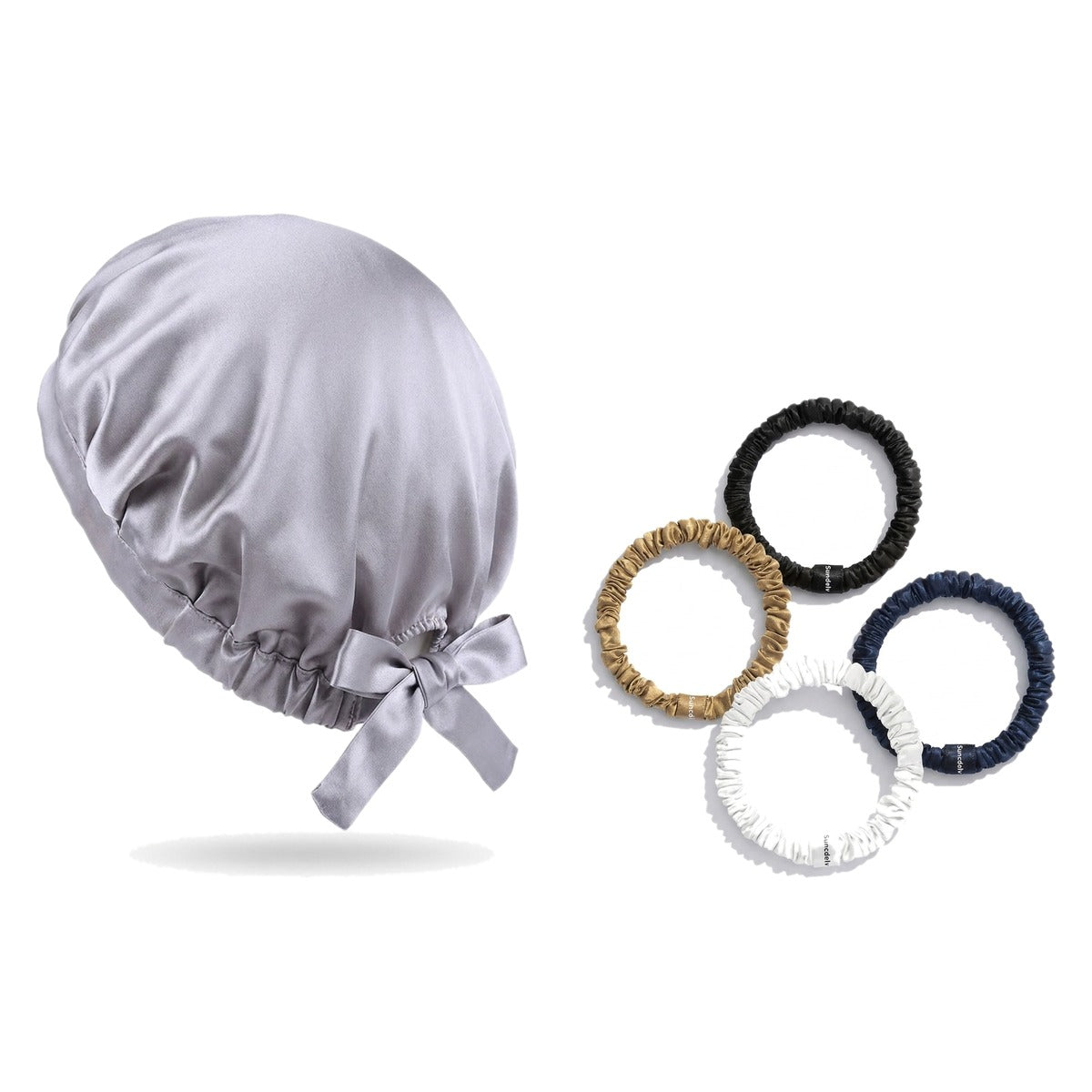Pack soie de mûrier : bonnet de nuit argent et 4 chouchous assortiment classiques, sur fond blanc