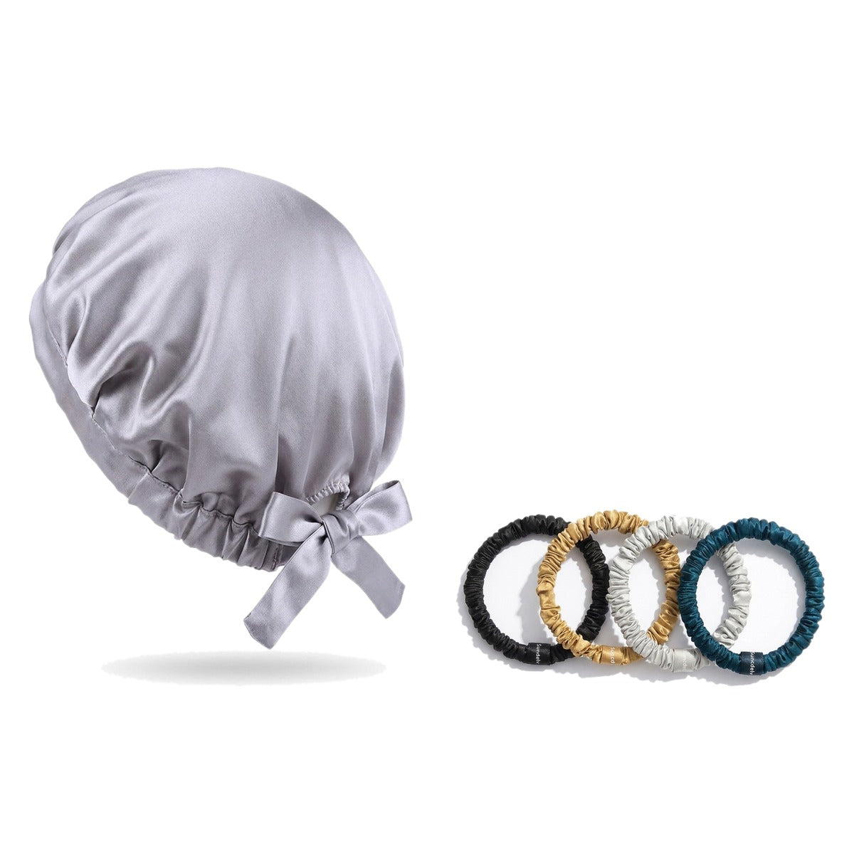 Pack soie de mûrier : bonnet de nuit argent et 4 chouchous assortiment contraste, sur fond blanc