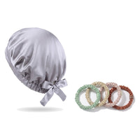 Pack soie de mûrier : bonnet de nuit argent et 4 chouchous assortiment pastels, sur fond blanc