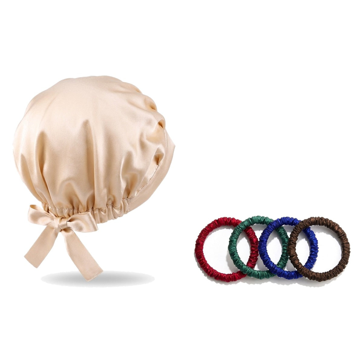 Pack soie de mûrier : bonnet de nuit champagne et 4 chouchous assortiment bijoux, sur fond blanc