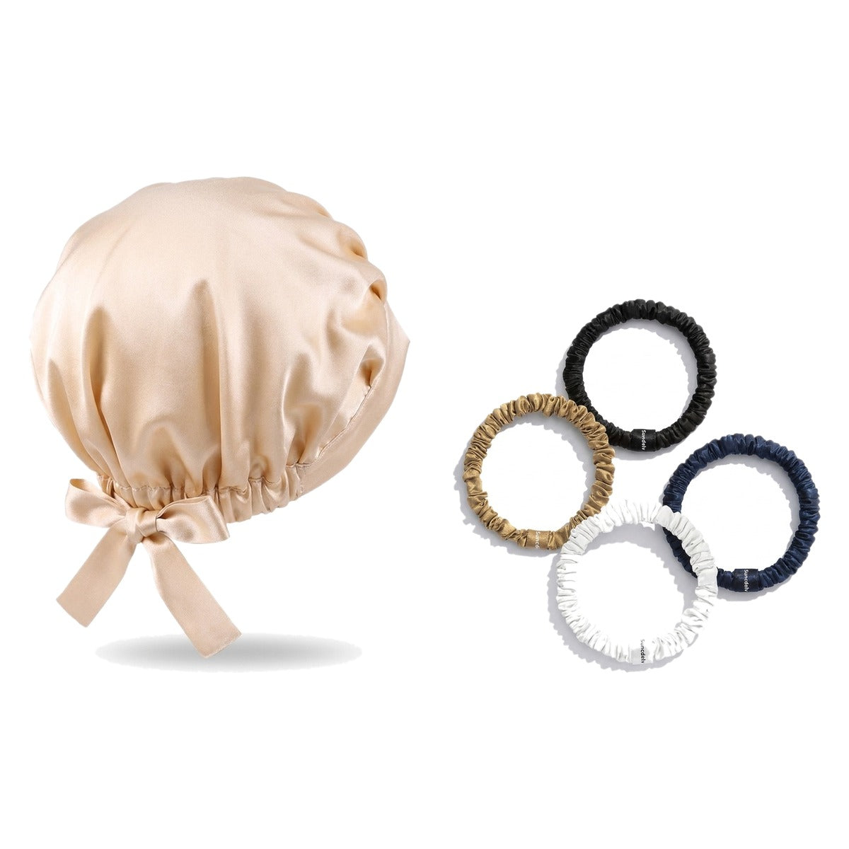 Pack soie de mûrier : bonnet de nuit champagne et 4 chouchous assortiment classiques, sur fond blanc