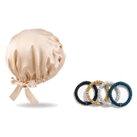 Pack soie de mûrier : bonnet de nuit champagne et 4 chouchous assortiment contraste, sur fond blanc