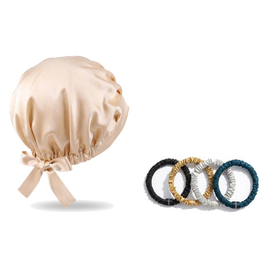 Pack soie de mûrier : bonnet de nuit champagne et 4 chouchous assortiment contraste, sur fond blanc