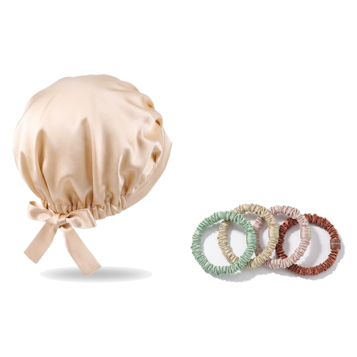 Pack soie de mûrier : bonnet de nuit champagne et 4 chouchous assortiment pastels, sur fond blanc