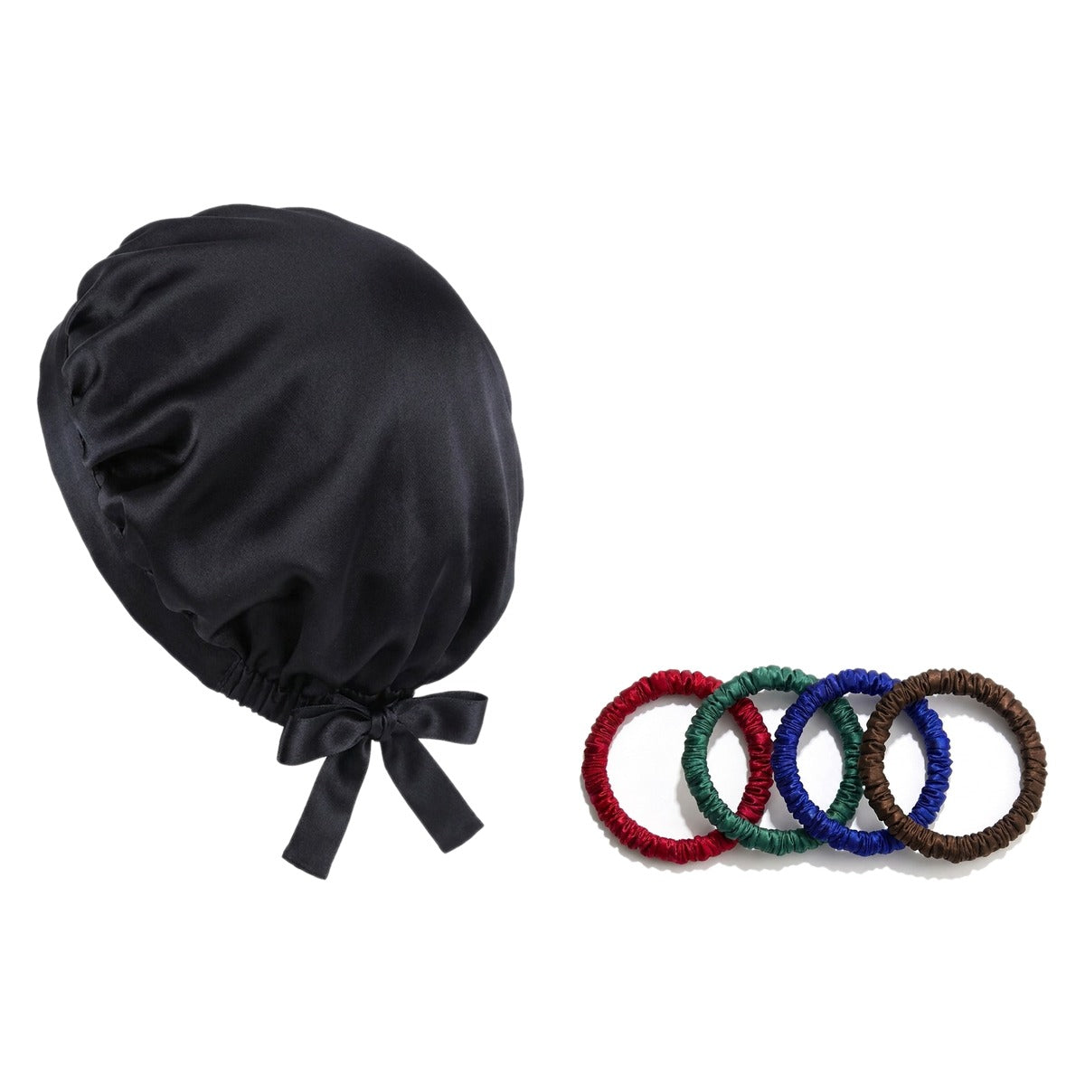 Pack soie de mûrier : bonnet de nuit noir et 4 chouchous assortiment bijoux, sur fond blanc