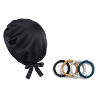 Pack soie de mûrier : bonnet de nuit noir et 4 chouchous assortiment contraste, sur fond blanc