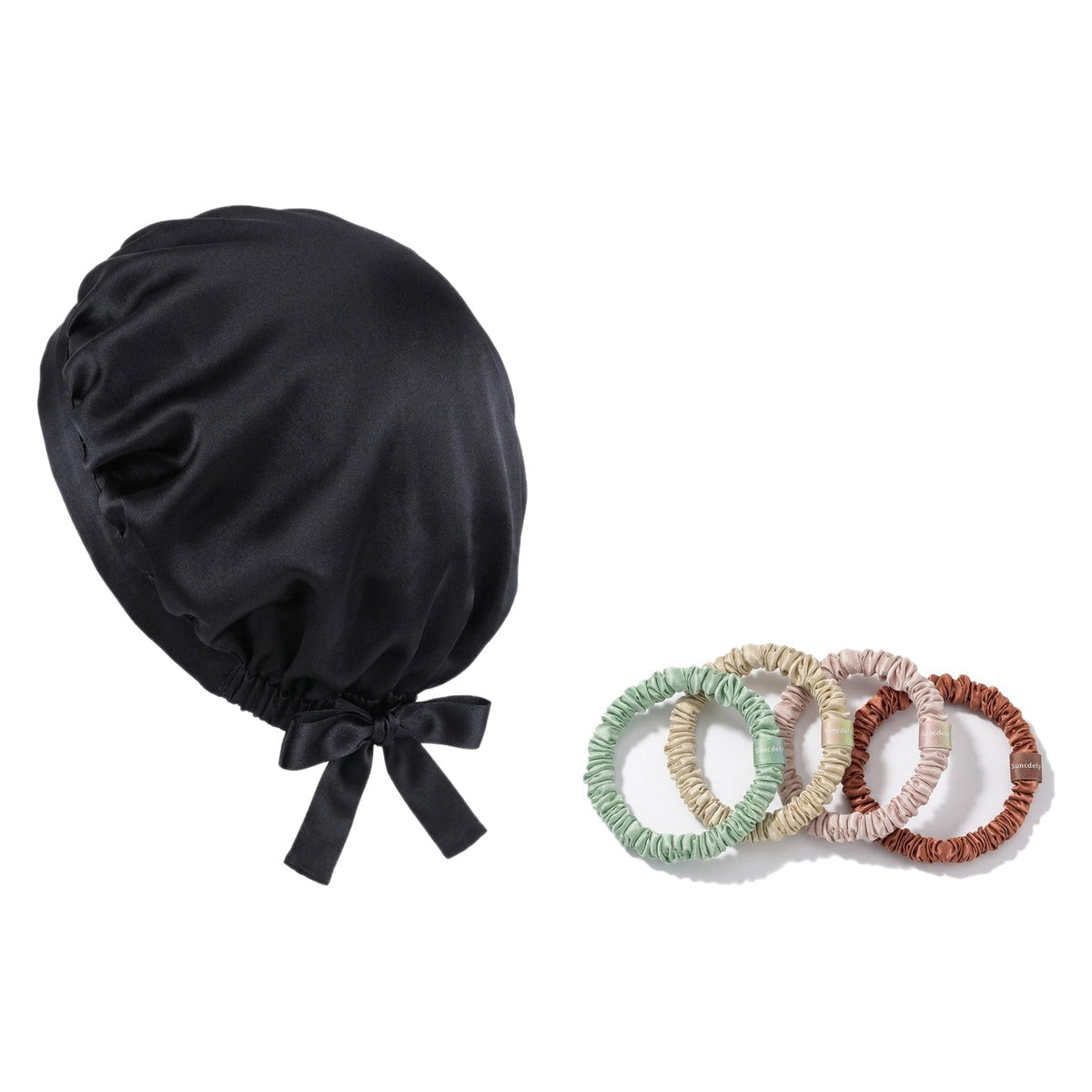 Pack soie de mûrier : bonnet de nuit noir et 4 chouchous assortiment pastels, sur fond blanc