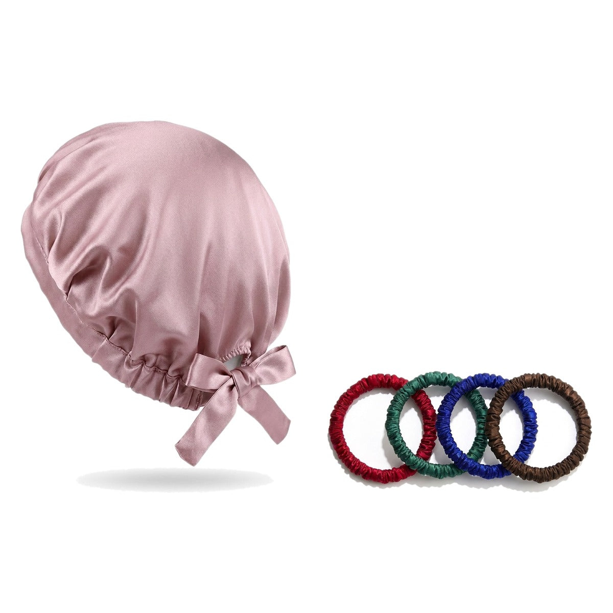 Pack soie de mûrier : bonnet de nuit rose et 4 chouchous assortiment bijoux, sur fond blanc