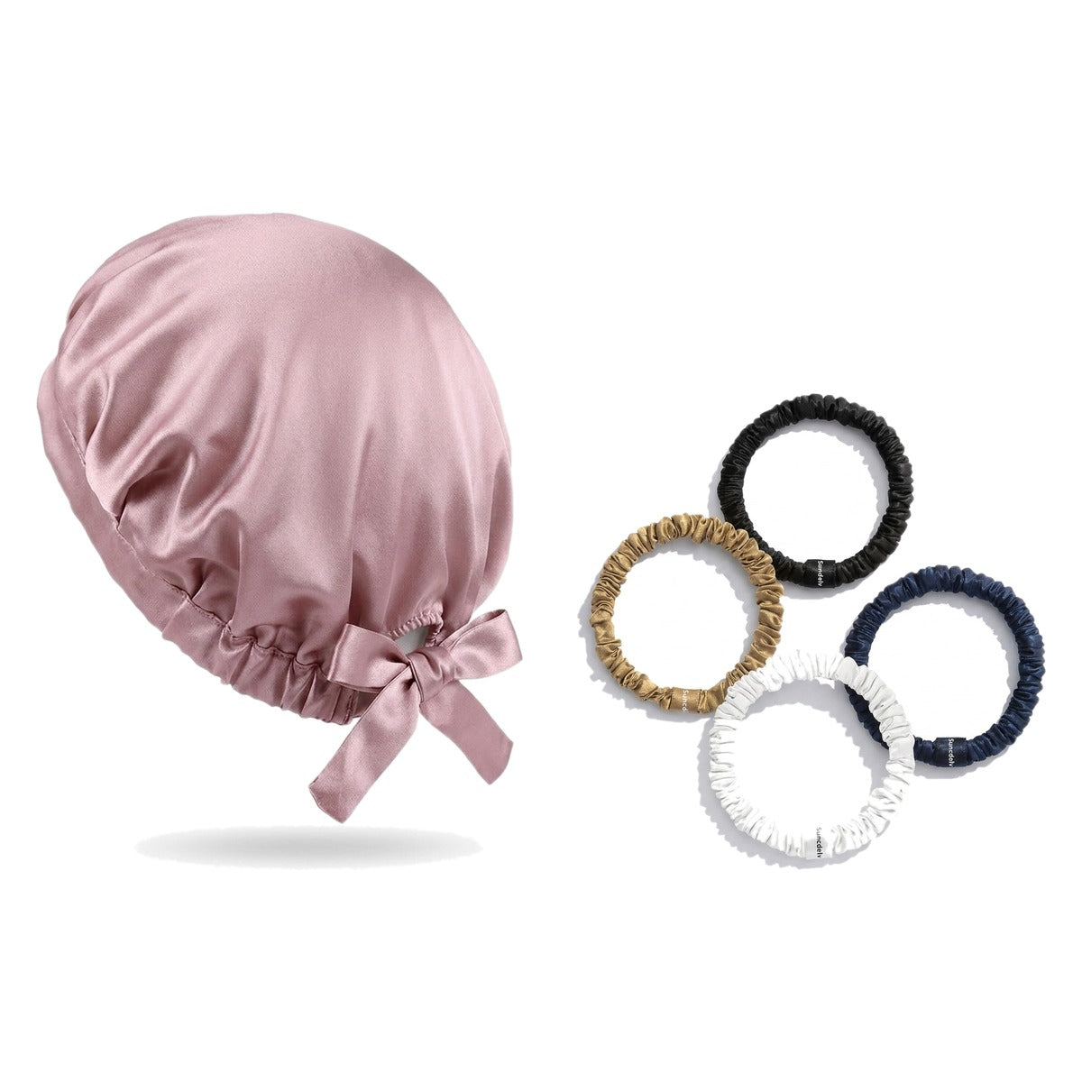 Pack soie de mûrier : bonnet de nuit rose et 4 chouchous assortiment classiques, sur fond blanc