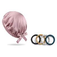 Pack soie de mûrier : bonnet de nuit rose et 4 chouchous assortiment contraste, sur fond blanc