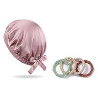 Pack soie de mûrier : bonnet de nuit rose et 4 chouchous assortiment pastels, sur fond blanc