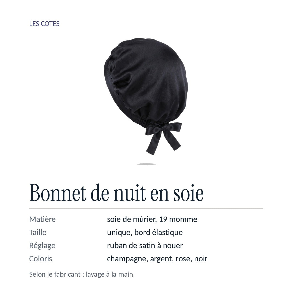 Repères : soie de mûrier 19 momme, taille unique à bord élastique, ruban de satin à nouer